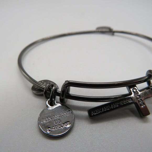 Alex Ani Cross Charm Bangle Bracelet Gun Metal Gray Tone Adjustable - Picture 6 of 8